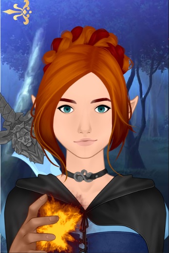 Red-haired Elven woman summoning a fireball in the forest