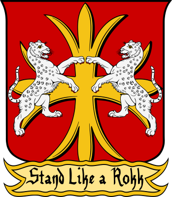 Blazon: Gules, on a cross flory triparted Or, two snow leopards combatant armed and langued of the first. Motto: "Stand Like a Rokk"
