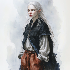 A digital portrait painting of a tall, ethereal elven woman with long, wavy platinum-white hair and pointed ears. Her tilted eyes and translucent skin give her an otherworldly appearance. She wears a black woolen outer garment over a flowing white linen shirt with full sleeves, and rust-colored pants. Her expression is serene yet knowing, suggesting wisdom beyond the mortal realm. The background is rendered in soft, misty watercolor grays, enhancing the ethereal quality of the portrait. AI Generated (Playground AI)