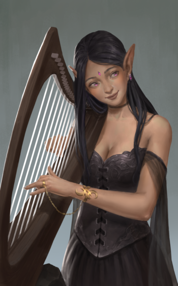 Dark-haired Elven woman playing a harp