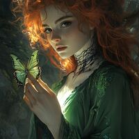 a wild-haired redhead in a green robe