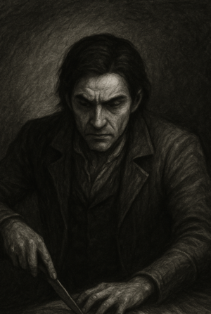 A Sketch on charcoal of Vashner working in his underground laboratory