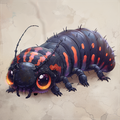A coal-black millipede with velvety black and purple-red tiger-stripes. The millipede has a smoothly armored, tubular body with hundreds of tiny legs underneath.  Two tiny eyes and two little antennae grace its face, which is normally turned downward to the ground.