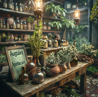 an apothecary's bench overflowing with herbs