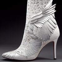 a pair of daintily winged ankle boots with white gossamer and silver accents